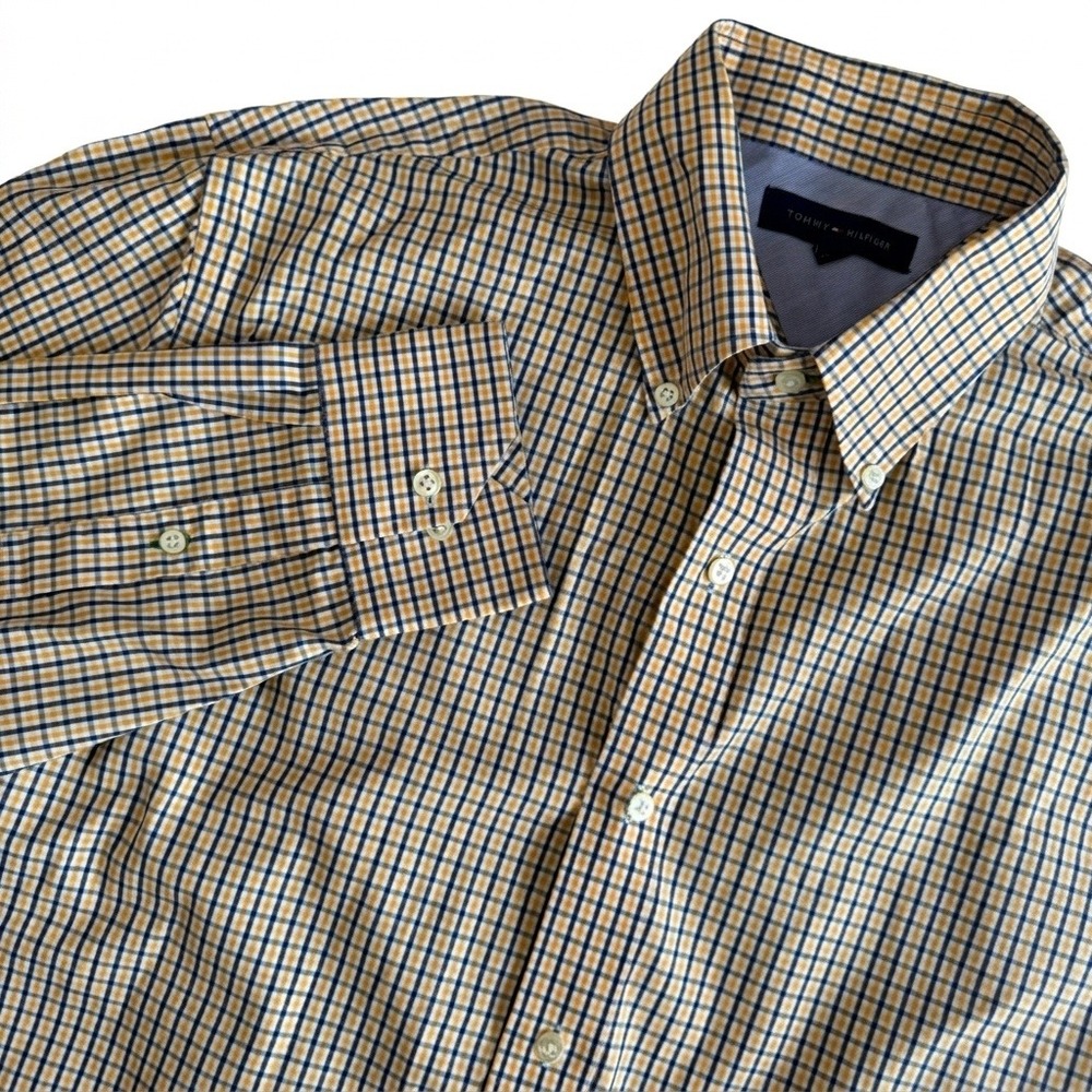 Tommy Hilfiger Dress Shirt Mens 16 32-33 Check Yellow Blue Cotton Button Down